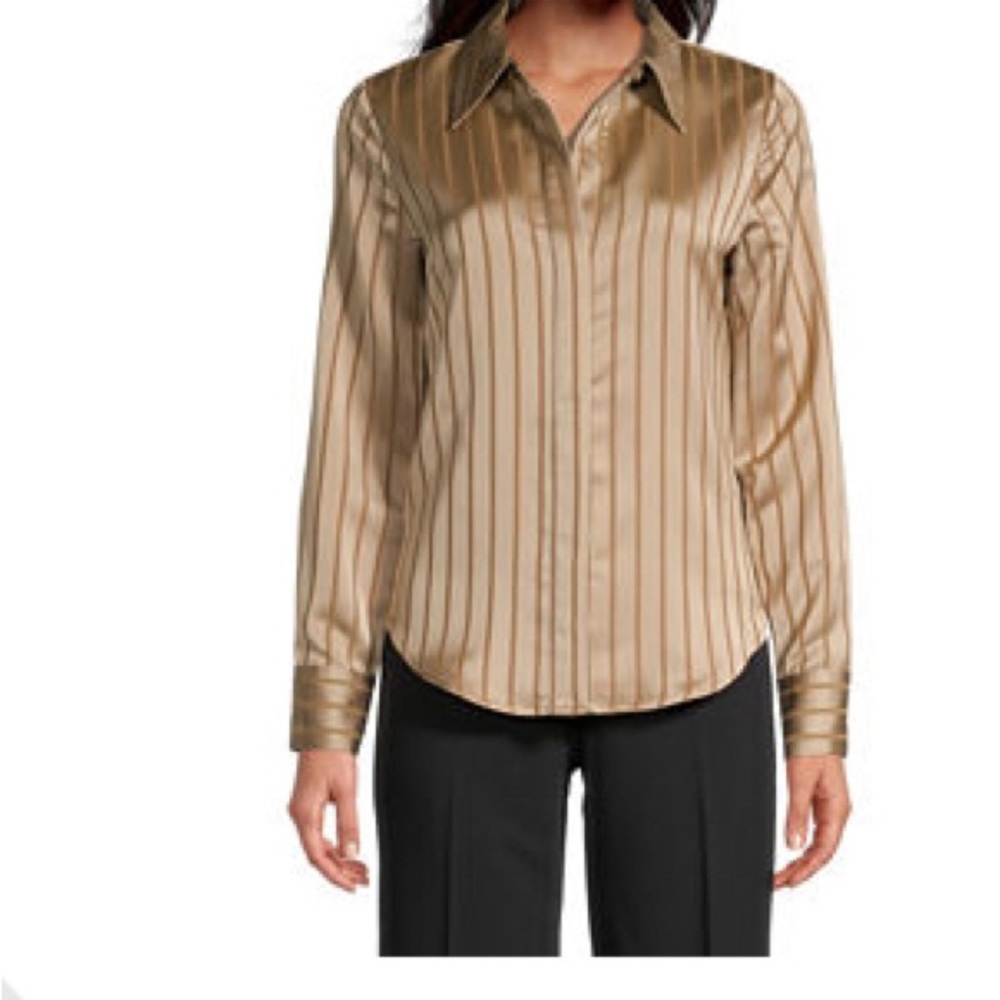 Worthington Blouse Large Champagne Tan Stripe